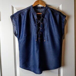Dept Denim Blue Lace-Up Braided Shoulder SS Top